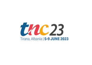 TNC23 logotip s podnapisom kraja dogajanja "Tirana, Albania" in datuma "5-9 June 2023"